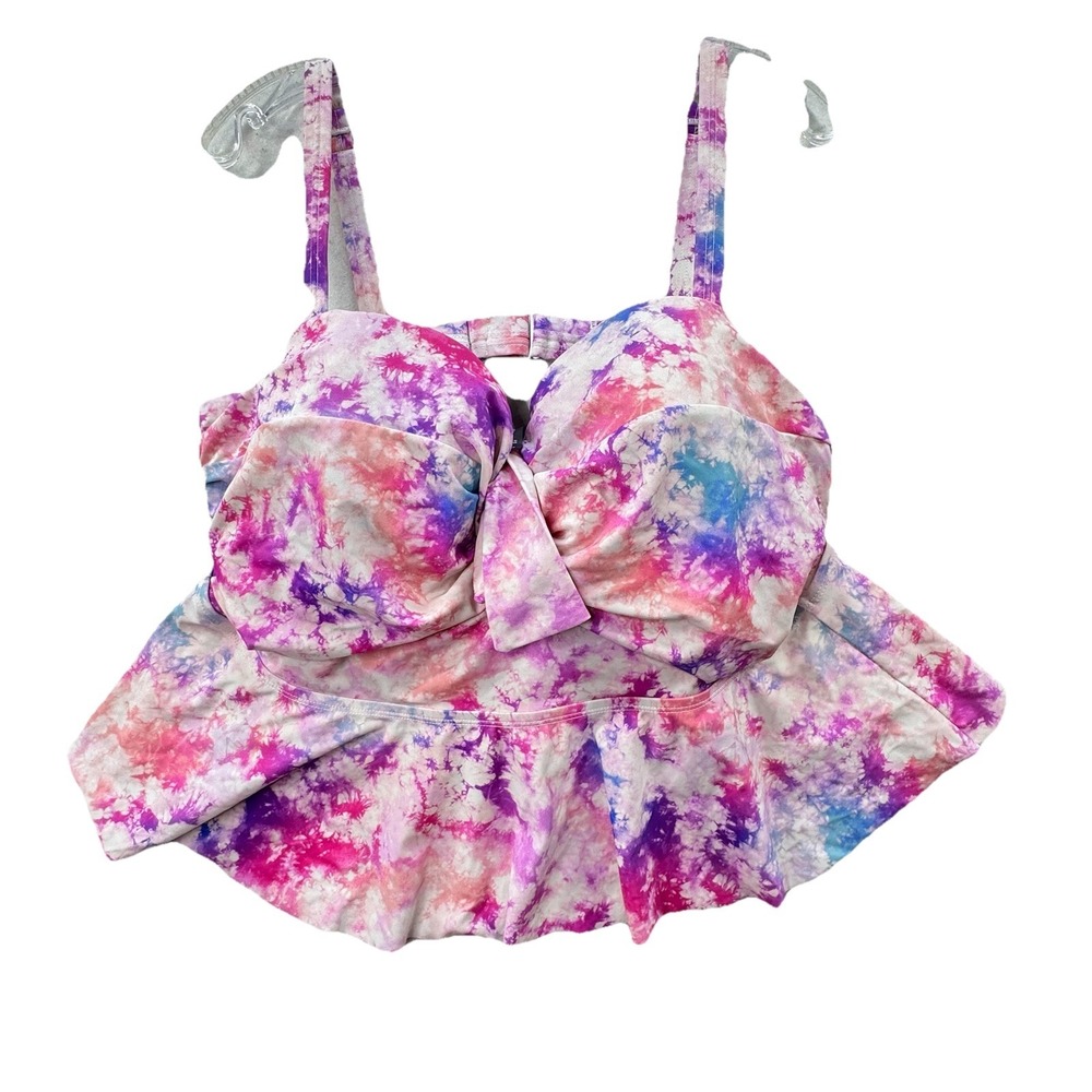 Torrid 2 Tie Front‎ Underwire Peplum Midkini Swim Top Pink Tie Dye 2X D/DD